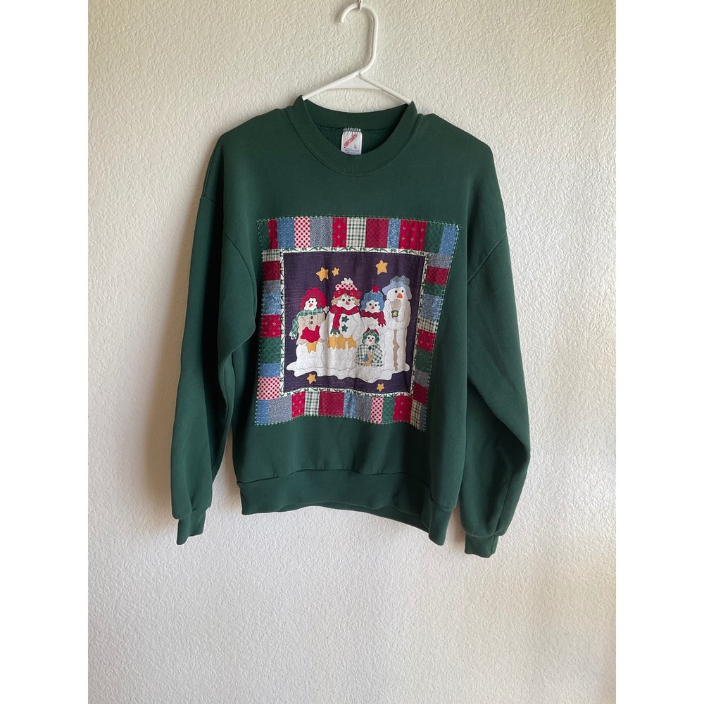 Vintage Jerzees Snowman Patchwork Sweatshirt Green Crewneck Made in USA Large